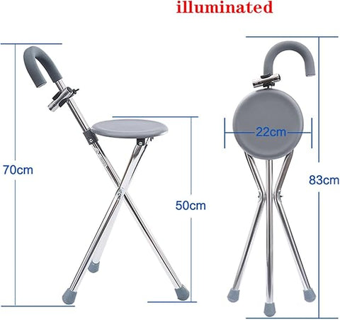 Round Walking Stick, Lightweight Folding Mobility Aid, Elderly Cane Chair With Seat, Portable, For Limited Mobility Hold 440 Lbs, Aluminum Alloy