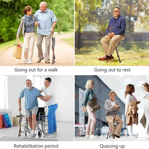 Round Walking Stick, Lightweight Folding Mobility Aid, Elderly Cane Chair With Seat, Portable, For Limited Mobility Hold 440 Lbs, Aluminum Alloy