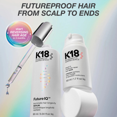 Futureproof hair from scalp to ends with K18 FutureIQ serum and molecular repair mask