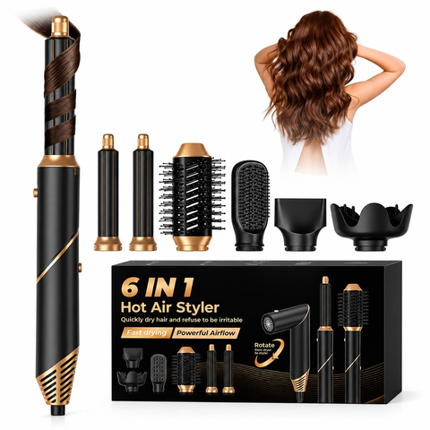 6-in-1 hot air styler set with hair dryer, curling barrels, styling brush, diffuser and attachments