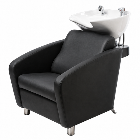 Black salon shampoo backwash chair with white ceramic basin, front left angle