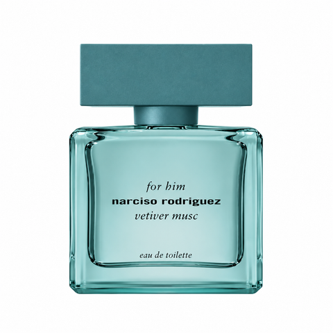 Narciso Rodriguez Vetiver Musc men’s fragrance in aqua blue glass bottle on white background