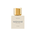 A bottle of Nishane Hacivat Extrait de Parfum with a beige label and a gold-colored cap