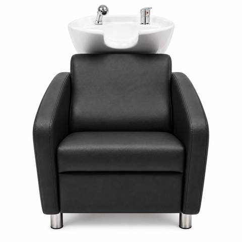 Professional black salon backwash unit with white ceramic shampoo bowl, angled front view