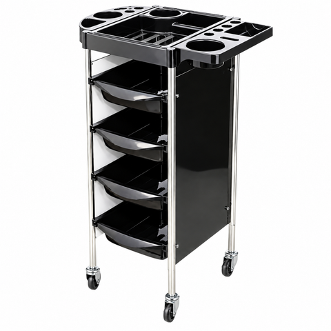 Black and chrome 5-tier salon trolley with pull-out trays, tool holders and caster wheels