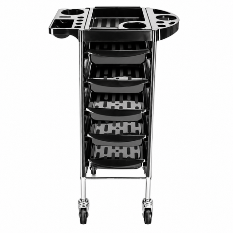 Black 4-tier salon styling trolley with top tool organizer, storage trays and wheels