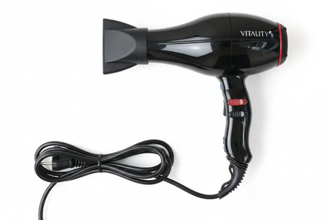 Black hair dryer with visible brand name on a white background